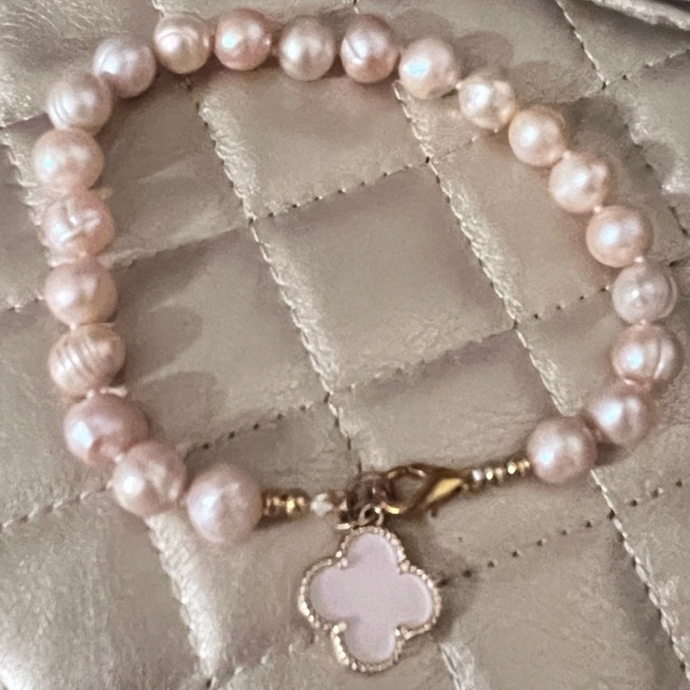 Pink Pearl Bracelet with Clover Charm